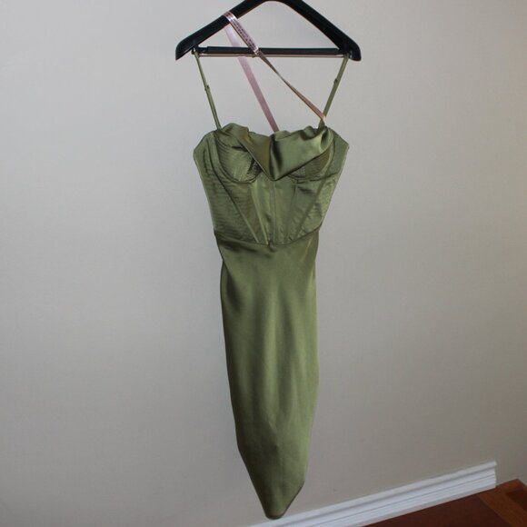 new tag defaced House of CB Myrna Olive Corset Satin Slip Dress Timeless Elegant - Picture 2 of 16